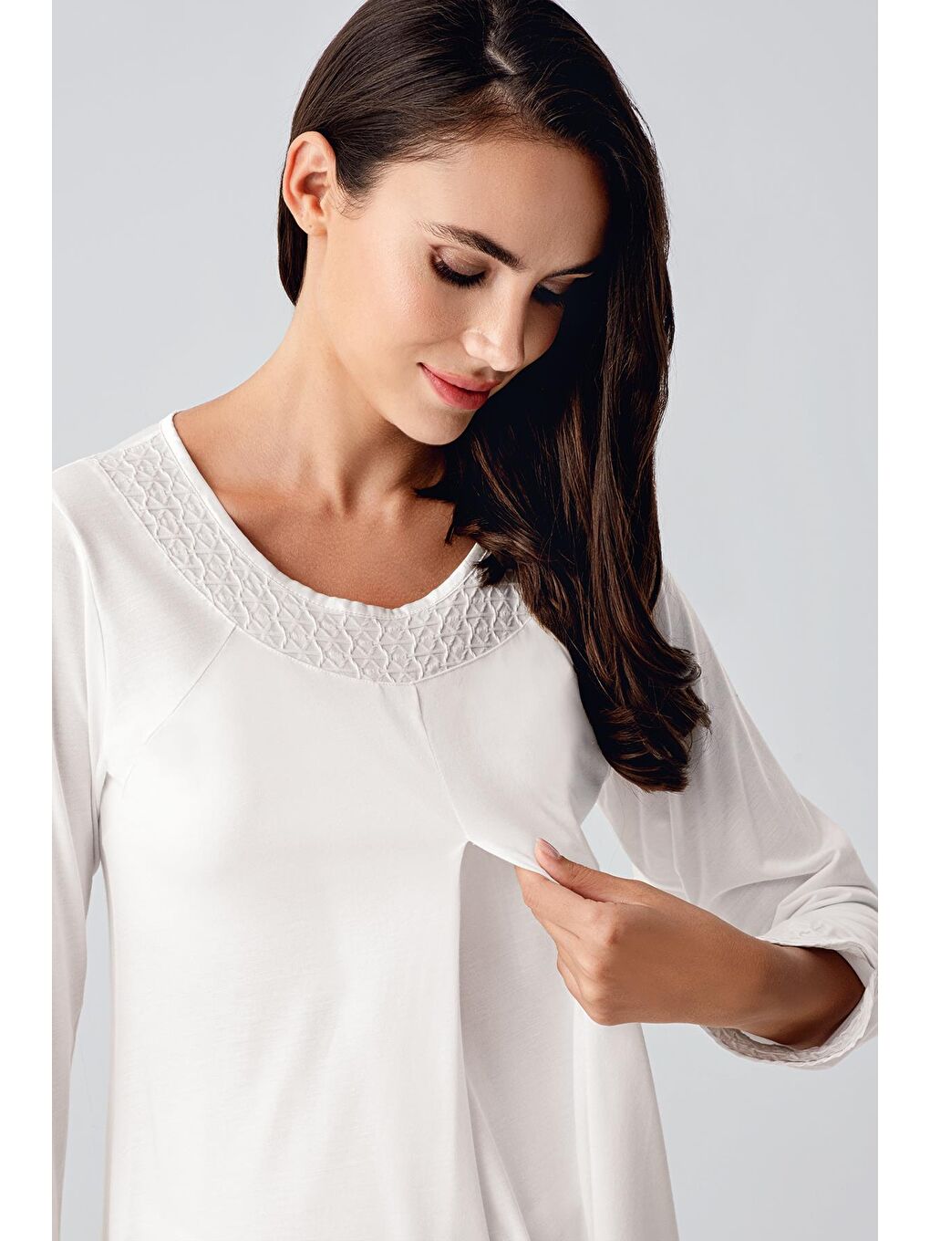 Ekru Uzun Kollu Esnek Viskon Hamile Sabahlık Pijama Takım 11300-3