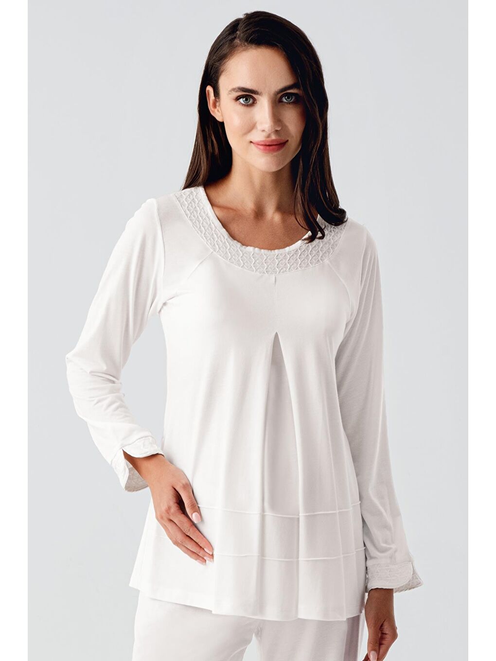 Ekru Uzun Kollu Esnek Viskon Hamile Sabahlık Pijama Takım 11300-4