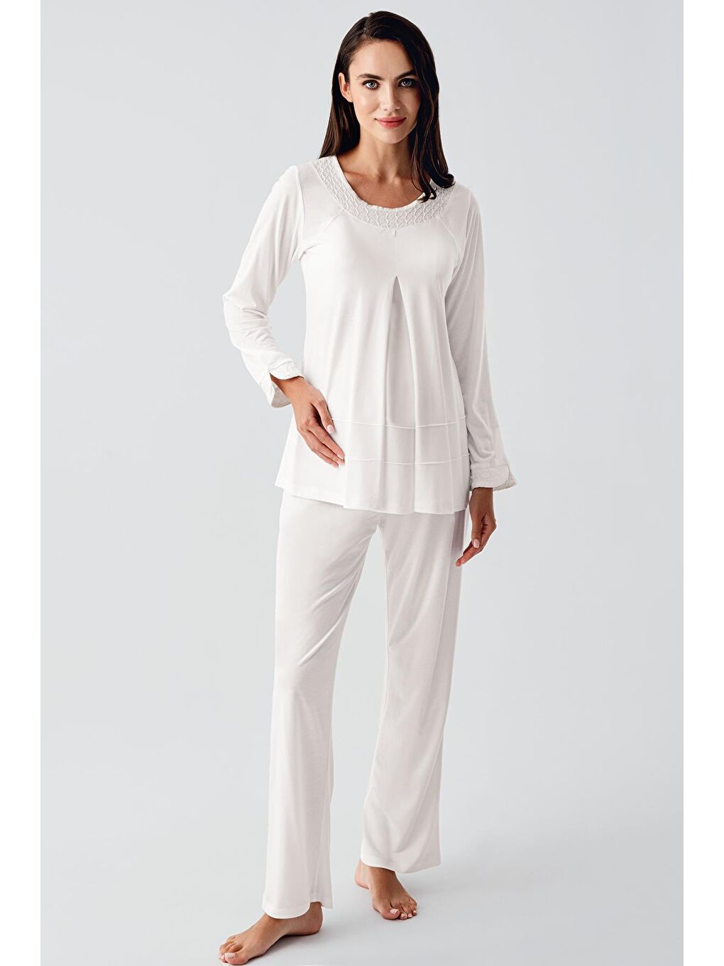 Ekru Uzun Kollu Esnek Viskon Hamile Sabahlık Pijama Takım 11300-5