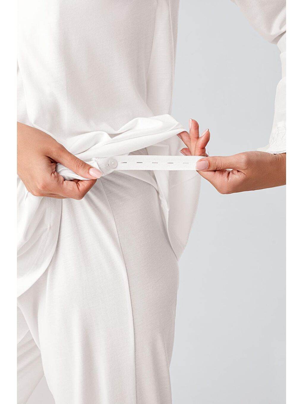 Ekru Uzun Kollu Esnek Viskon Hamile Sabahlık Pijama Takım 11300-6