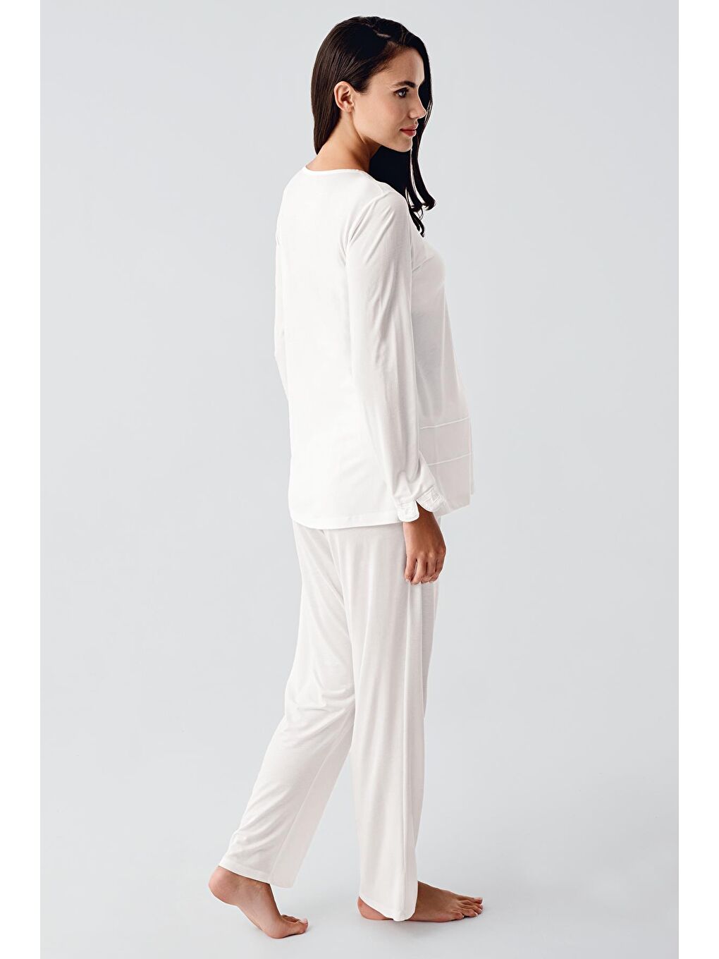 Ekru Uzun Kollu Esnek Viskon Hamile Sabahlık Pijama Takım 11300-7