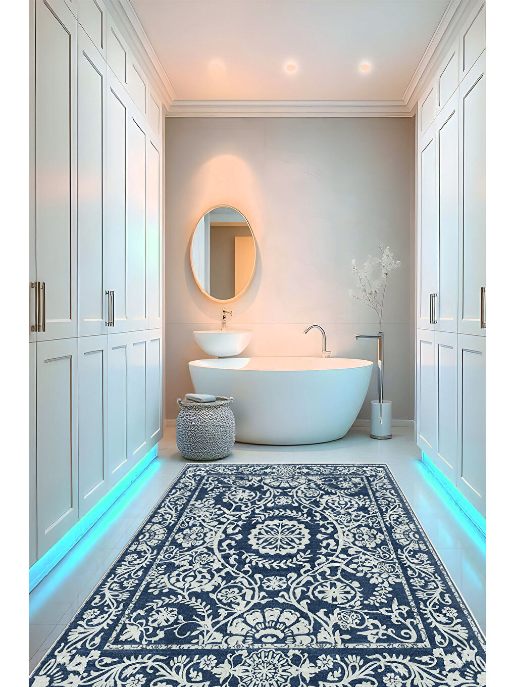 Lacivert Dekoratif Özel Tasarım Yıkanabilir İnce Kaymaz Tabanlı Modern Halı KECE FR23-3