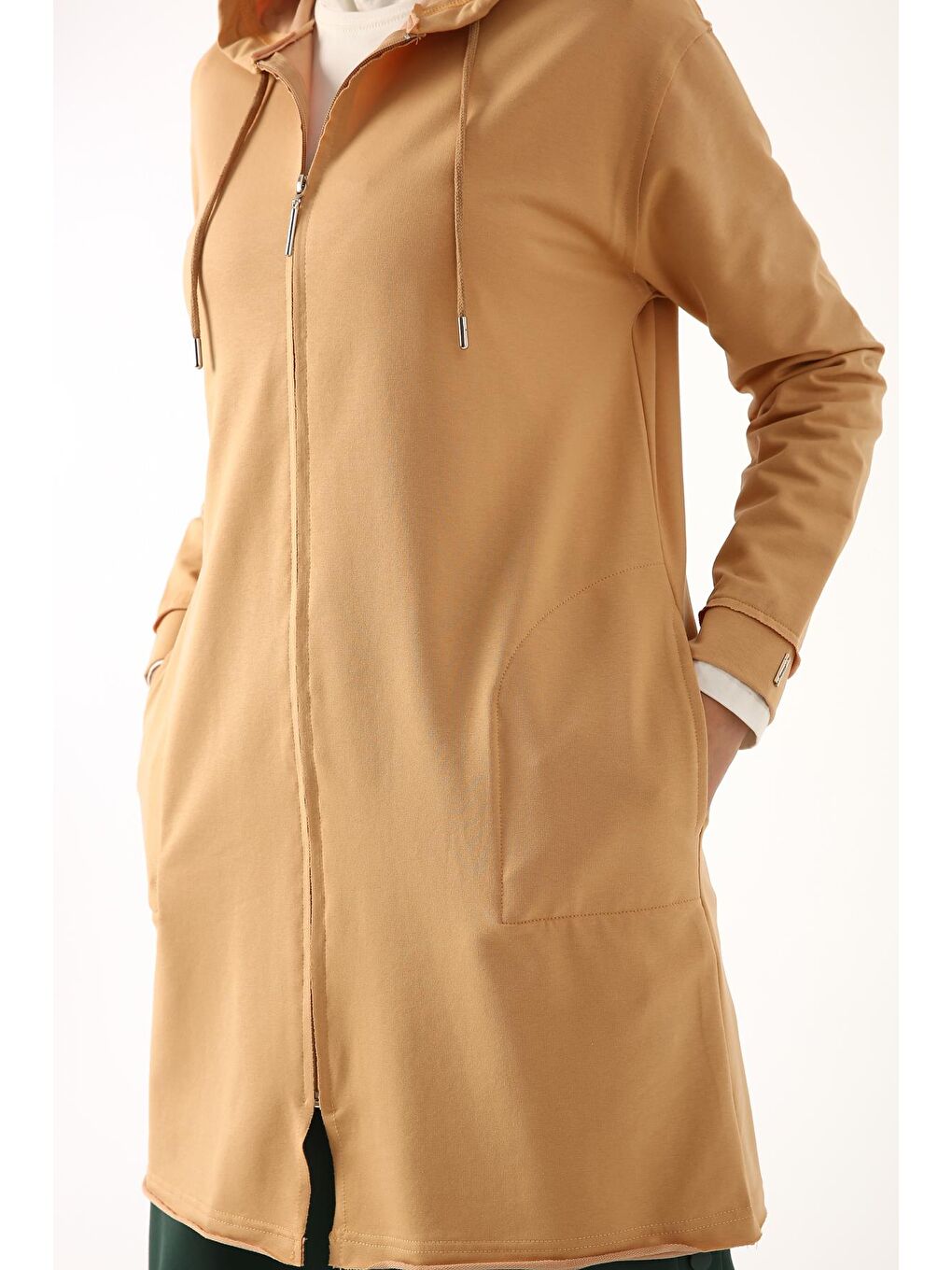 Açık Bej-Pis Dikişli Fermuarlı Hırka-4