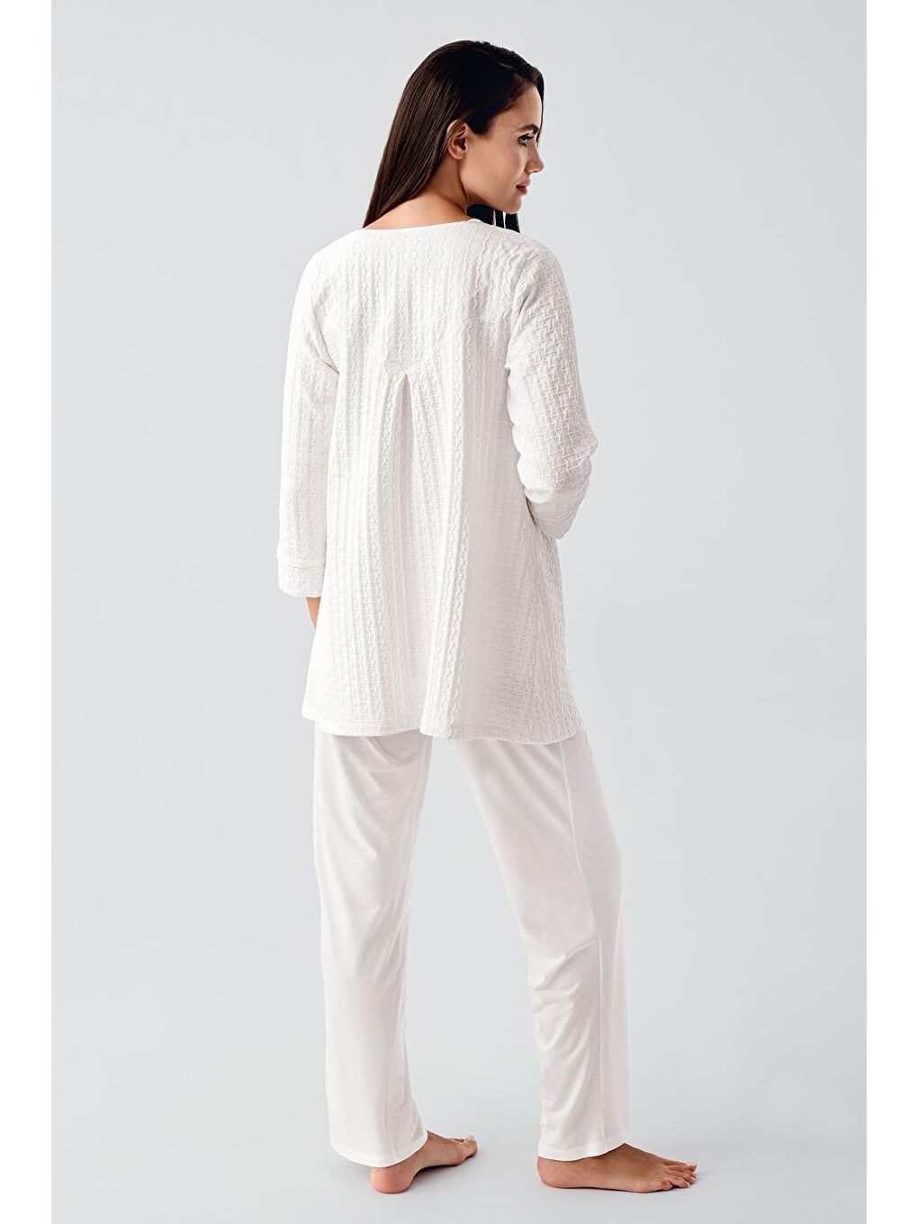 Ekru Uzun Kollu Esnek Viskon Hamile Sabahlık Pijama Takım 11300-8