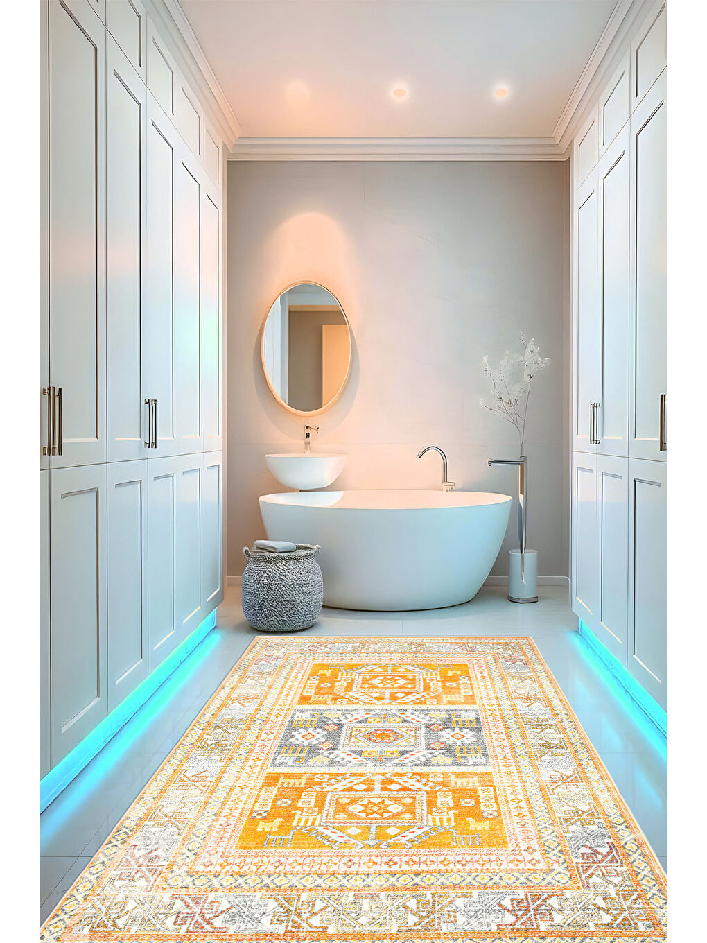 Sarı Dekoratif Özel Tasarım Yıkanabilir İnce Kaymaz Tabanlı Modern Halı KECE FR22-3