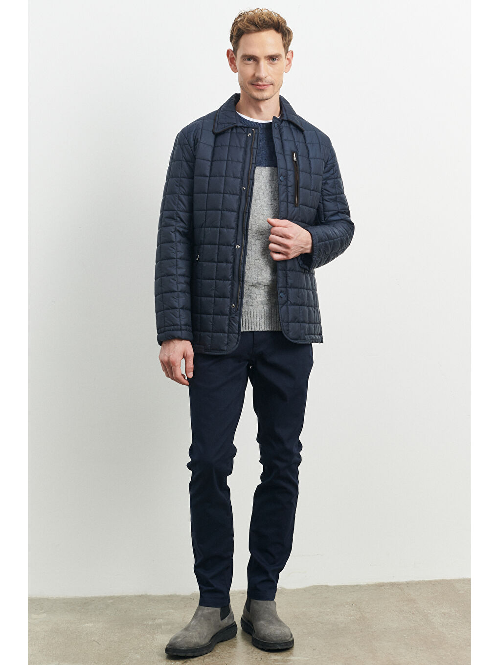 Erkek Lacivert Standart Fit Normal Kesim Bebe Yaka Fermuar Cepli Rüzgar Geçirmez Overcoat-1