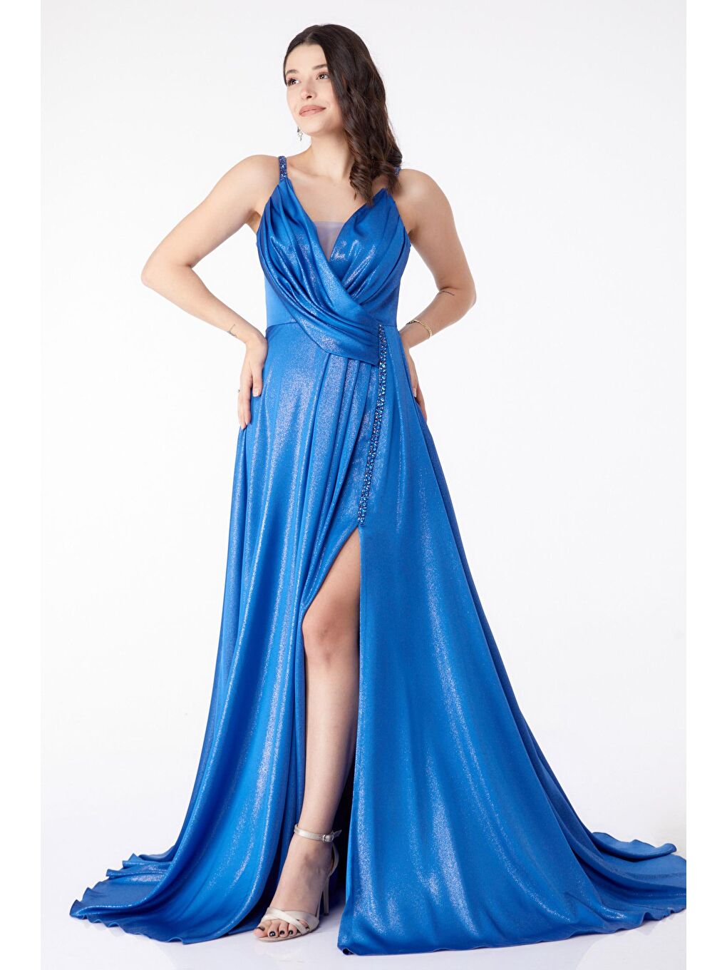 Düz Kruvaze Yaka Kadın Mavi Simli Kolsuz Abiye Ese - 25459-1