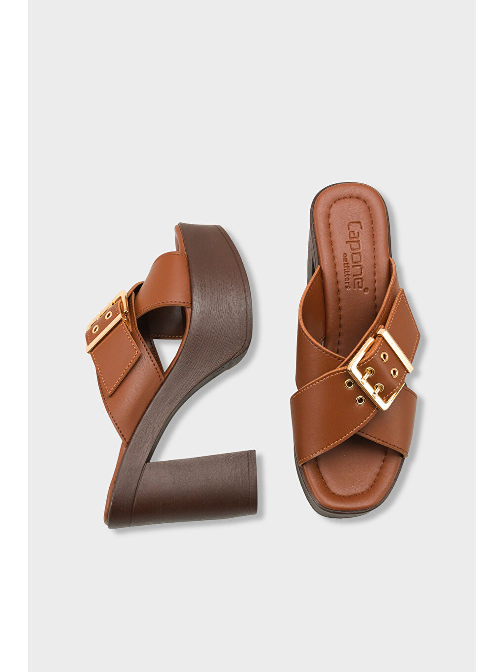 Kahverengi Marlo Platform Çapraz Bantlı Metal Tokalı Kadın Terlik-3