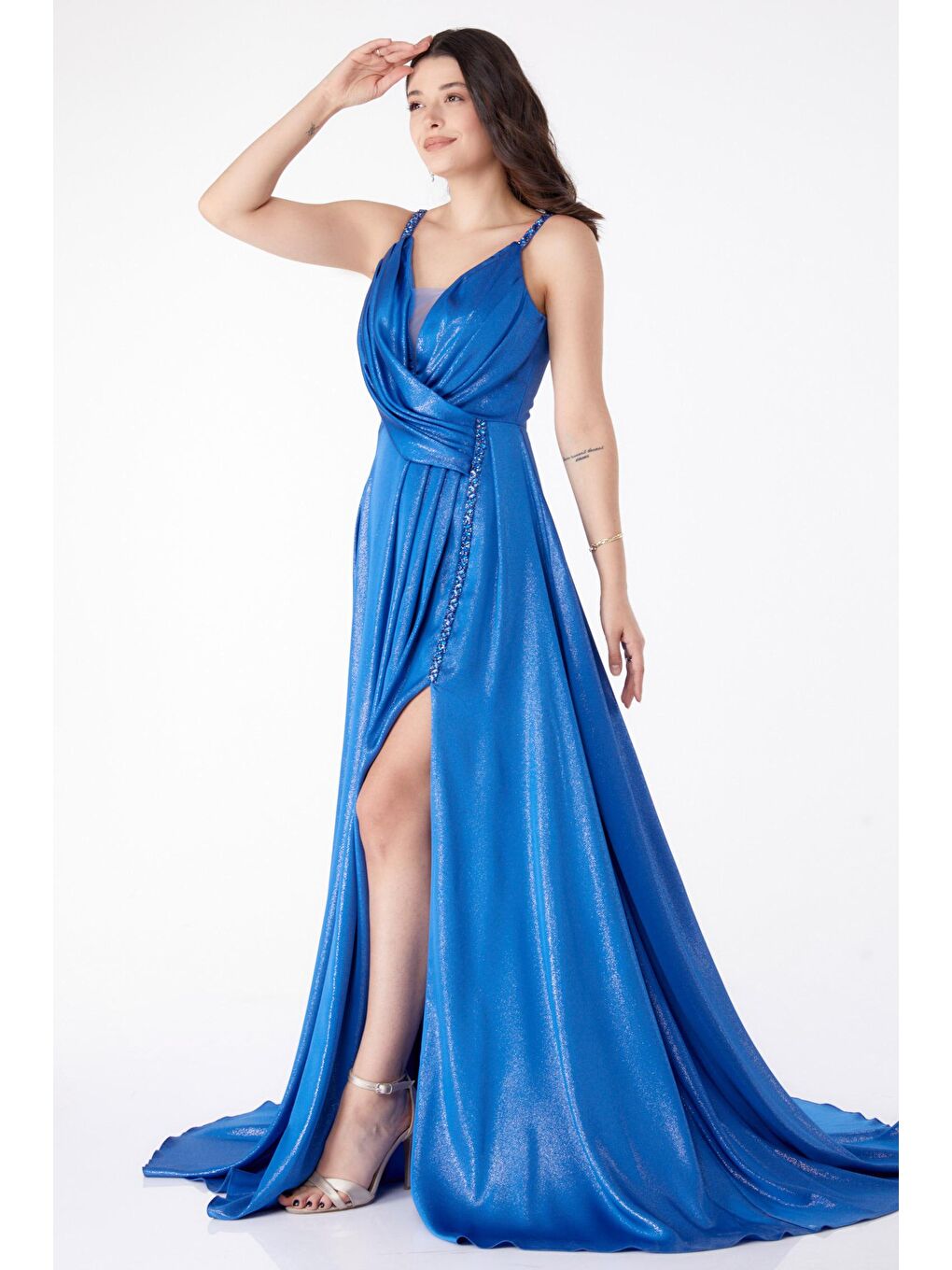 Düz Kruvaze Yaka Kadın Mavi Simli Kolsuz Abiye Ese - 25459-3