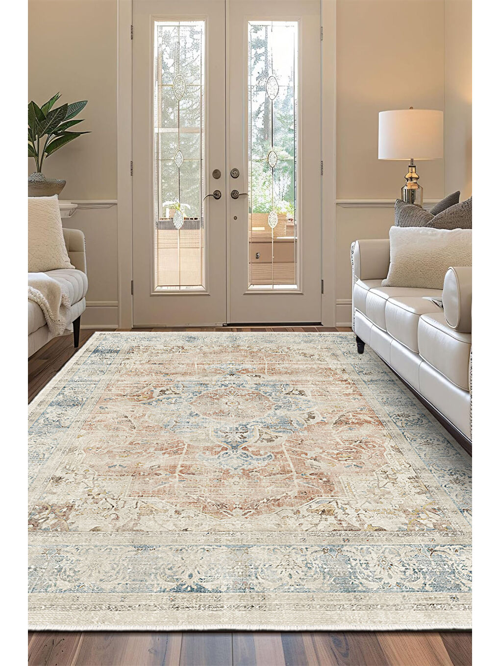 Bej Dekoratif Özel Tasarım Yıkanabilir İnce Kaymaz Tabanlı Modern Halı KECE FR22-2