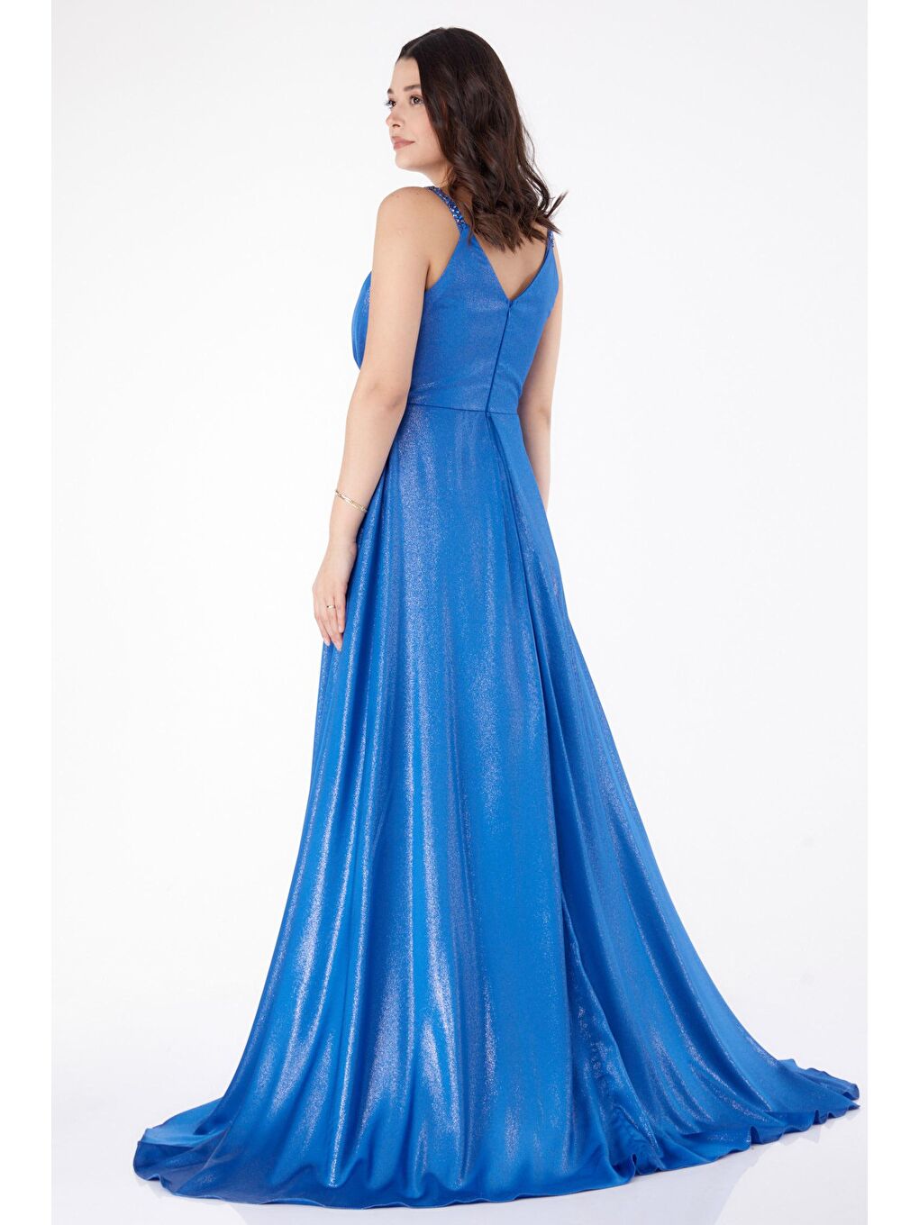 Düz Kruvaze Yaka Kadın Mavi Simli Kolsuz Abiye Ese - 25459-4