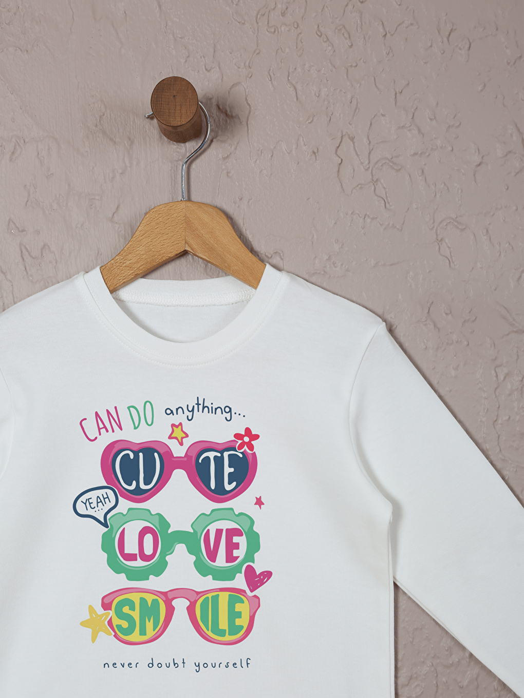 Ekru Bisiklet Yaka Uzun Kollu Kız Çocuk Pijama Takımı-1