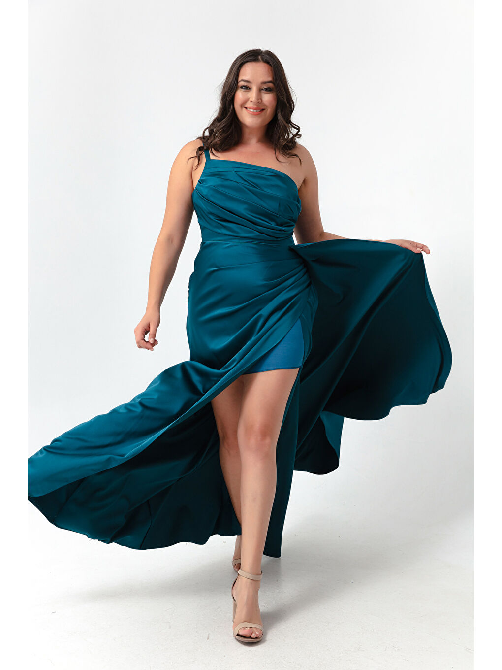 Kadın Petrol Tek Omuzlu Büyük Beden Saten Abiye & Mezuniyet Elbisesi