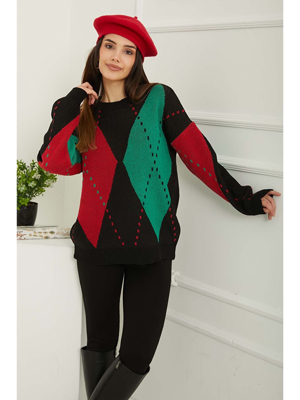 Baklava Desen Triko Kazak Siyah Yeşil - 27671-1