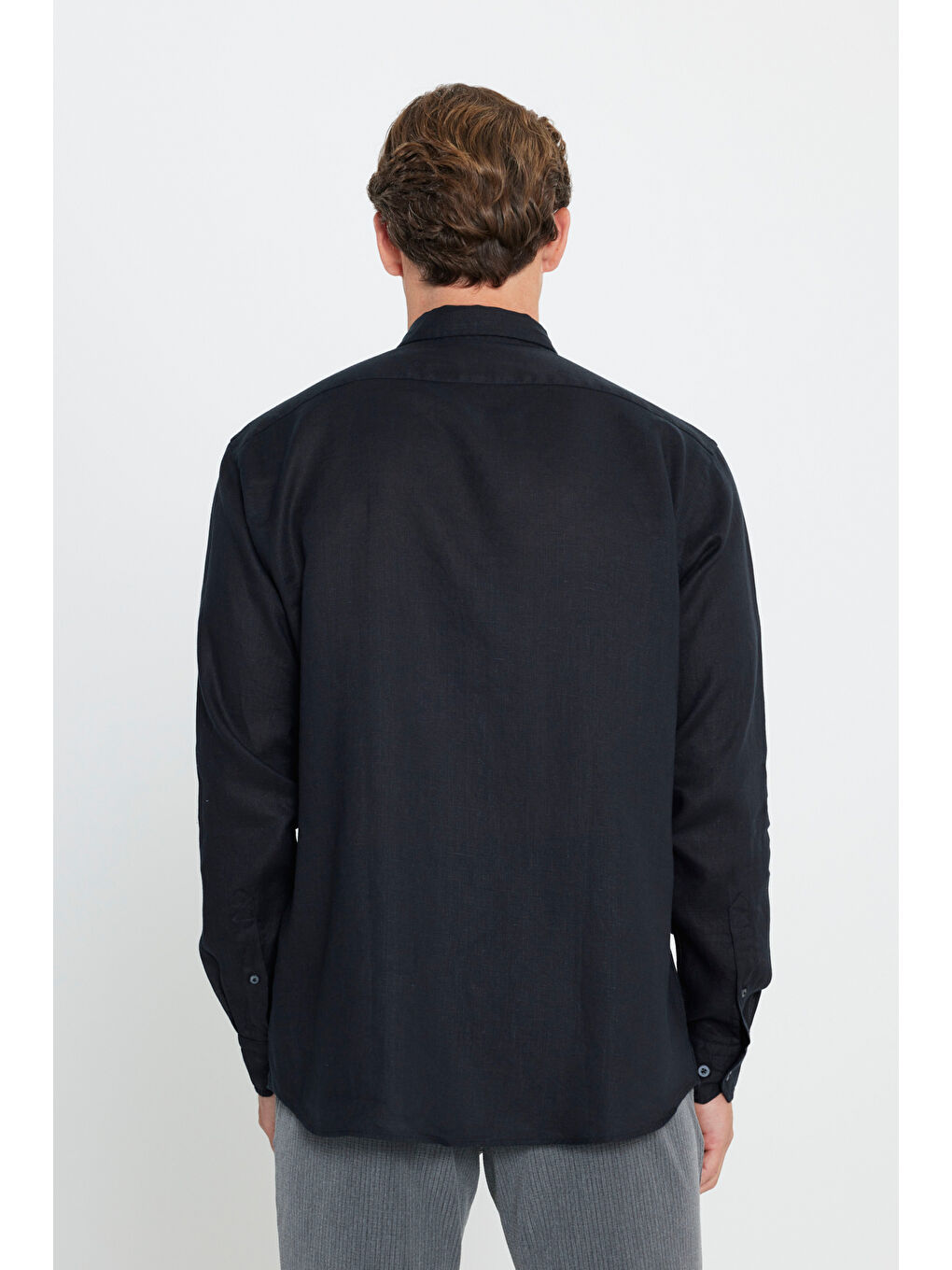 Erkek Siyah Comfort Fit Rahat Kesim %100 Keten Düğmeli Yaka Gömlek-4