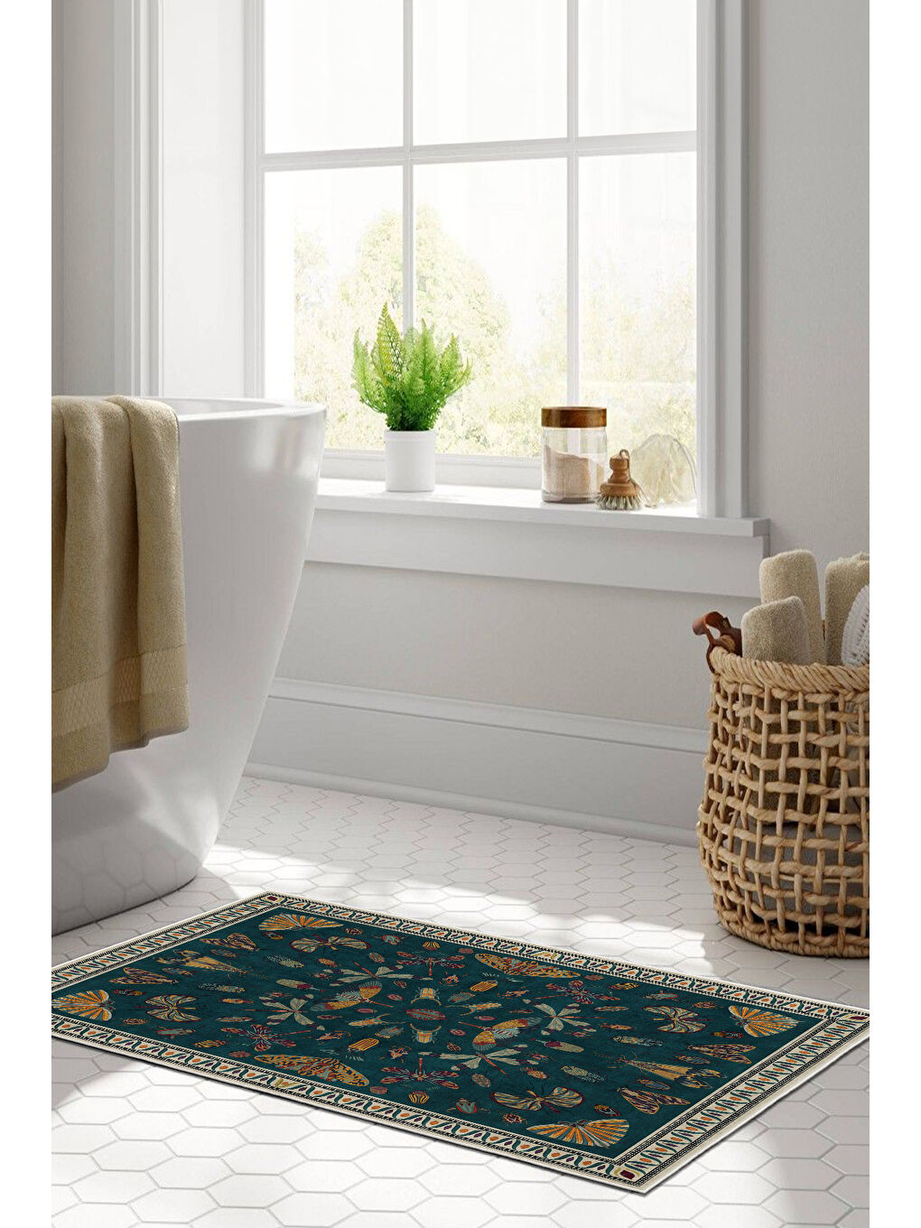 Mavi Dekoratif Özel Tasarım Yıkanabilir İnce Kaymaz Tabanlı Modern Halı KECE FR21-3