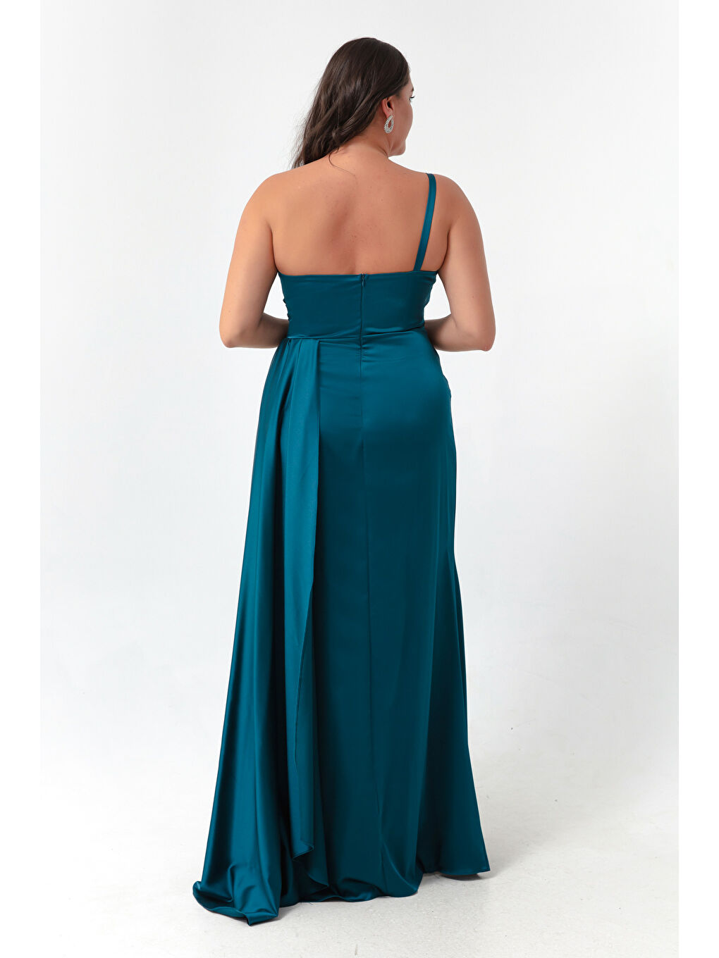 Kadın Petrol Tek Omuzlu Büyük Beden Saten Abiye & Mezuniyet Elbisesi-4