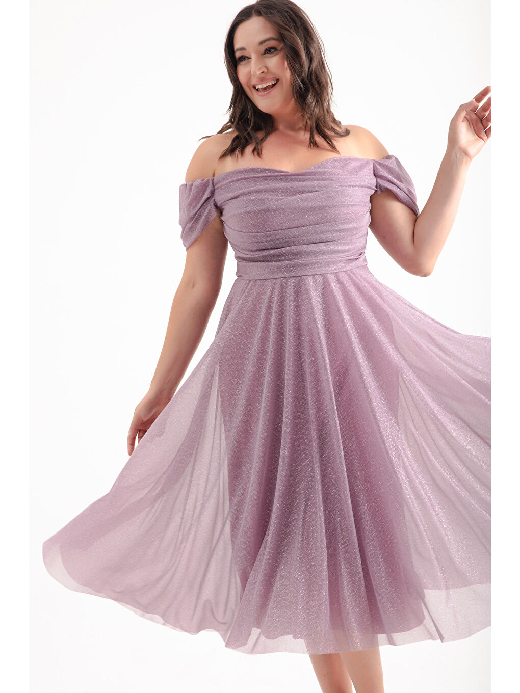 Lila Kadın Lavanta Kayık Yaka Drapeli Midi Kloş Büyük Beden Abiye Elbise-2