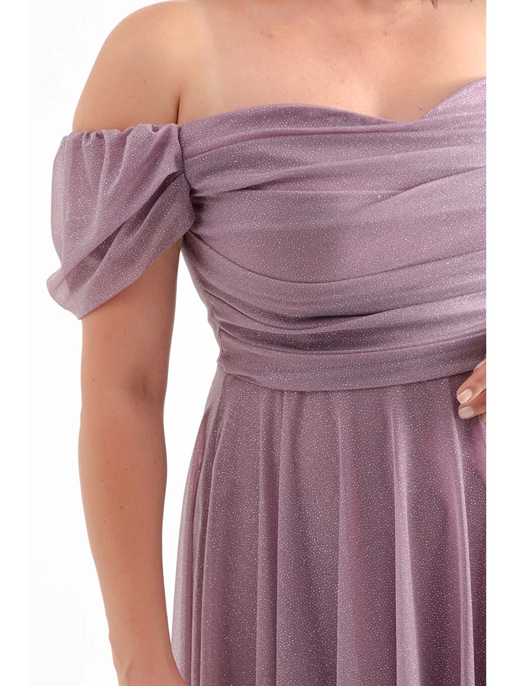 Lila Kadın Lavanta Kayık Yaka Drapeli Midi Kloş Büyük Beden Abiye Elbise-3