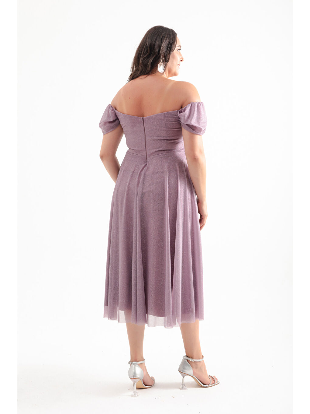 Lila Kadın Lavanta Kayık Yaka Drapeli Midi Kloş Büyük Beden Abiye Elbise-4