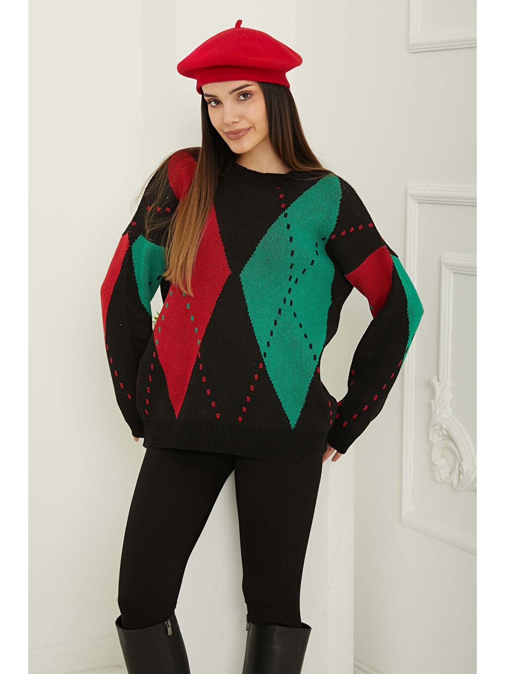 Baklava Desen Triko Kazak Siyah Yeşil - 27671-2