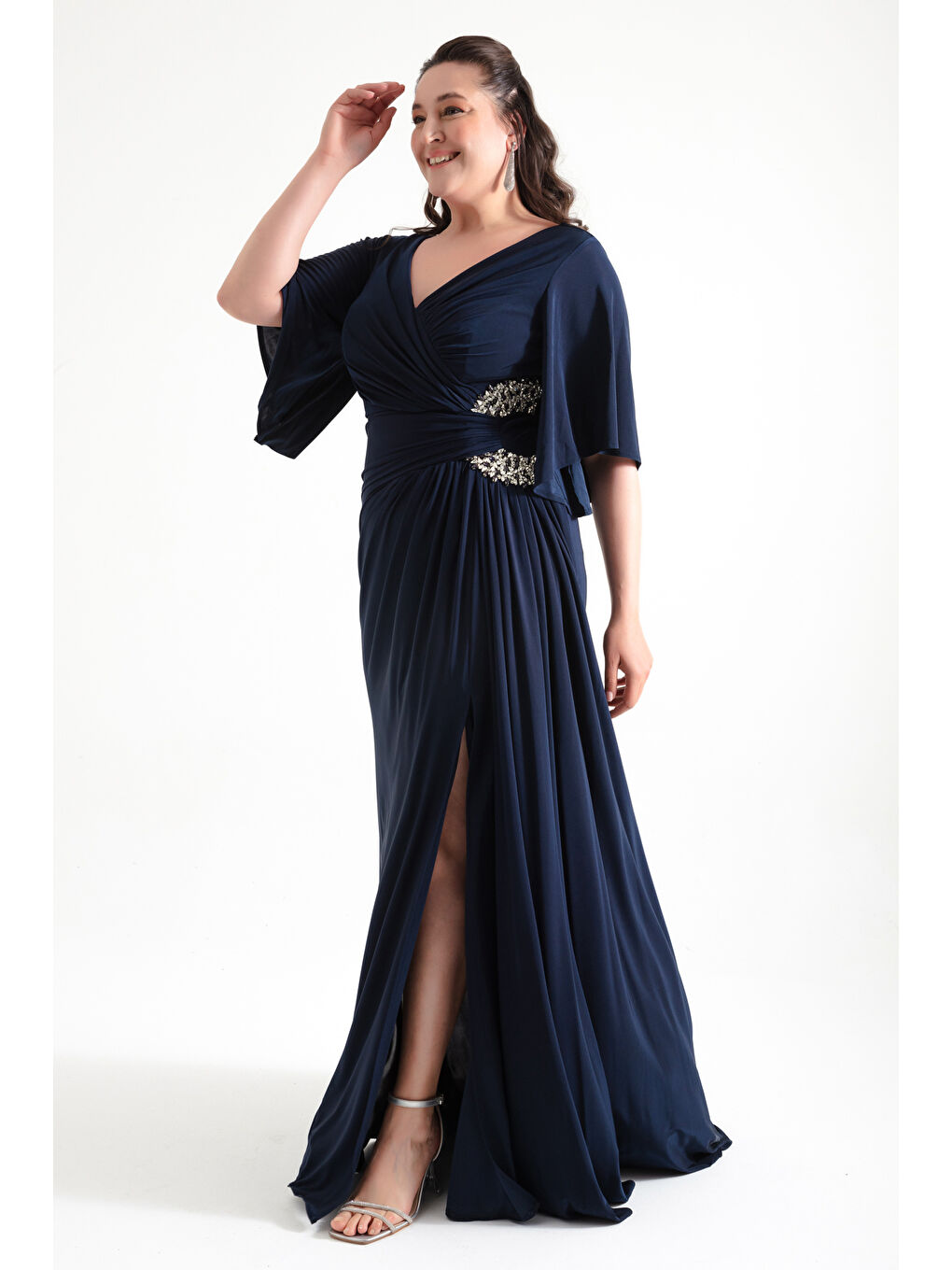Kadın Lacivert Yanı Taşlı Büyük Beden Uzun Abiye Elbise-1