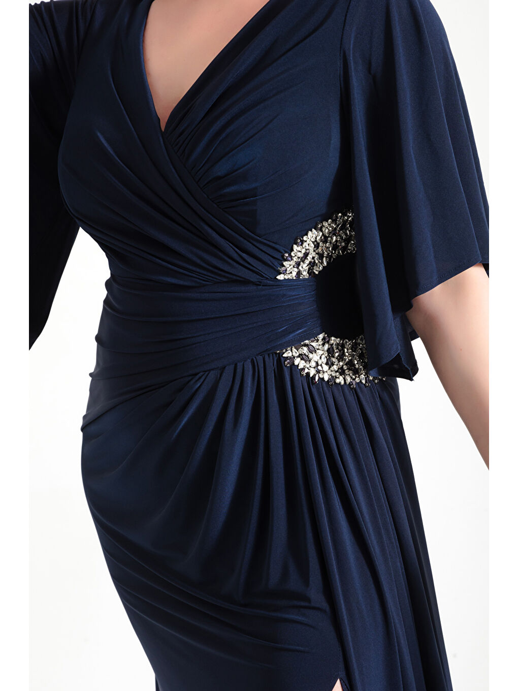 Kadın Lacivert Yanı Taşlı Büyük Beden Uzun Abiye Elbise-2