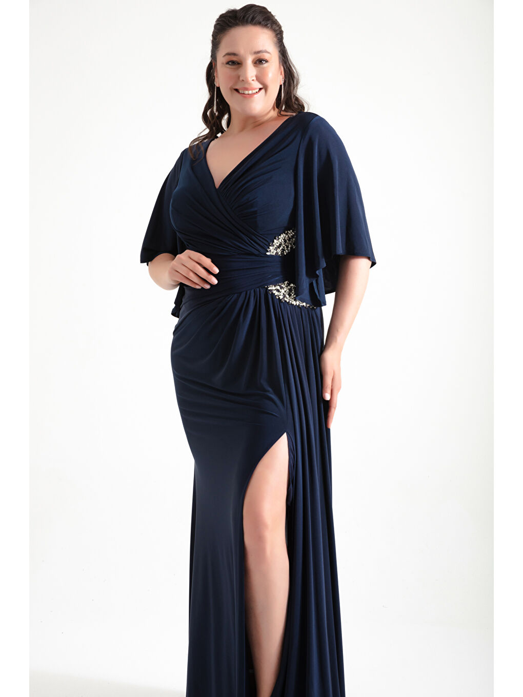 Kadın Lacivert Yanı Taşlı Büyük Beden Uzun Abiye Elbise-3