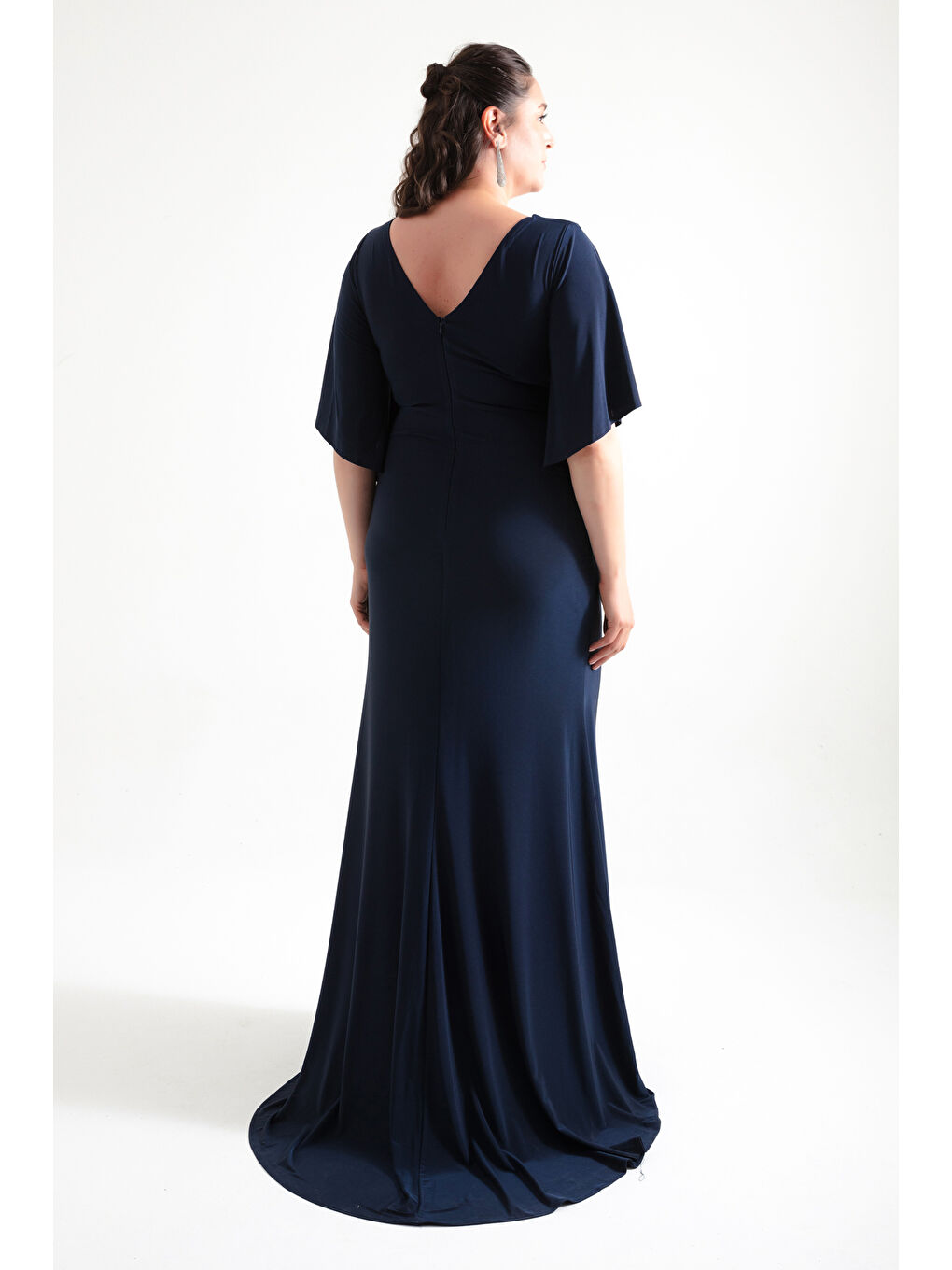 Kadın Lacivert Yanı Taşlı Büyük Beden Uzun Abiye Elbise-4