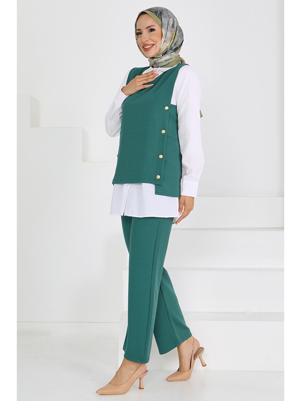 Yeşil Düğmeli Süveter Pantolon Mira Takım Zumrut - 27613-1