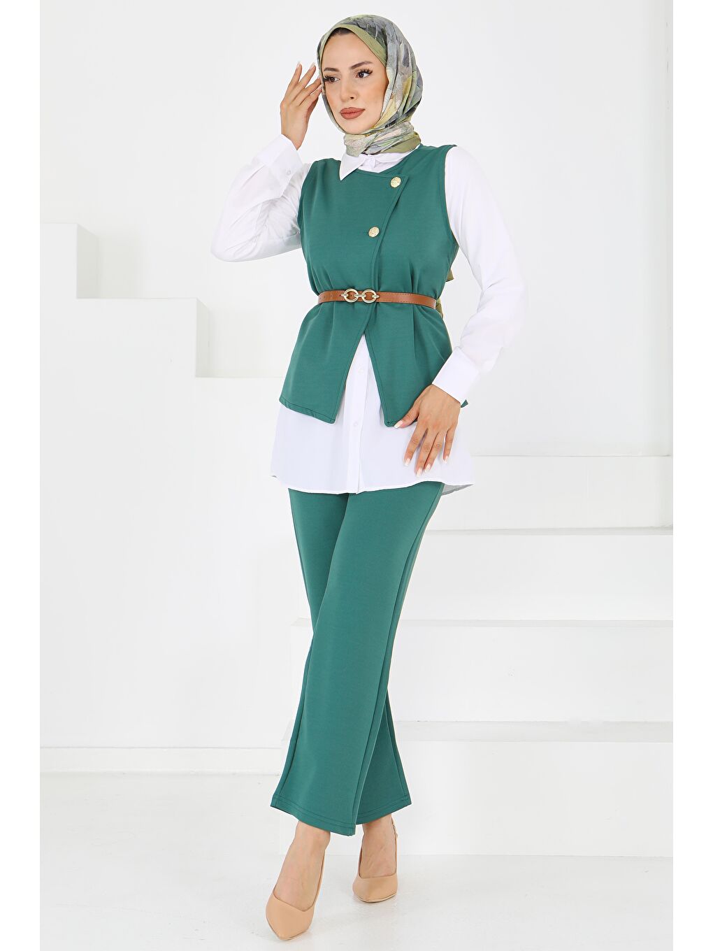 Yeşil Kemerli Yelek Pantolon Mira Takım Zumrut - 27612