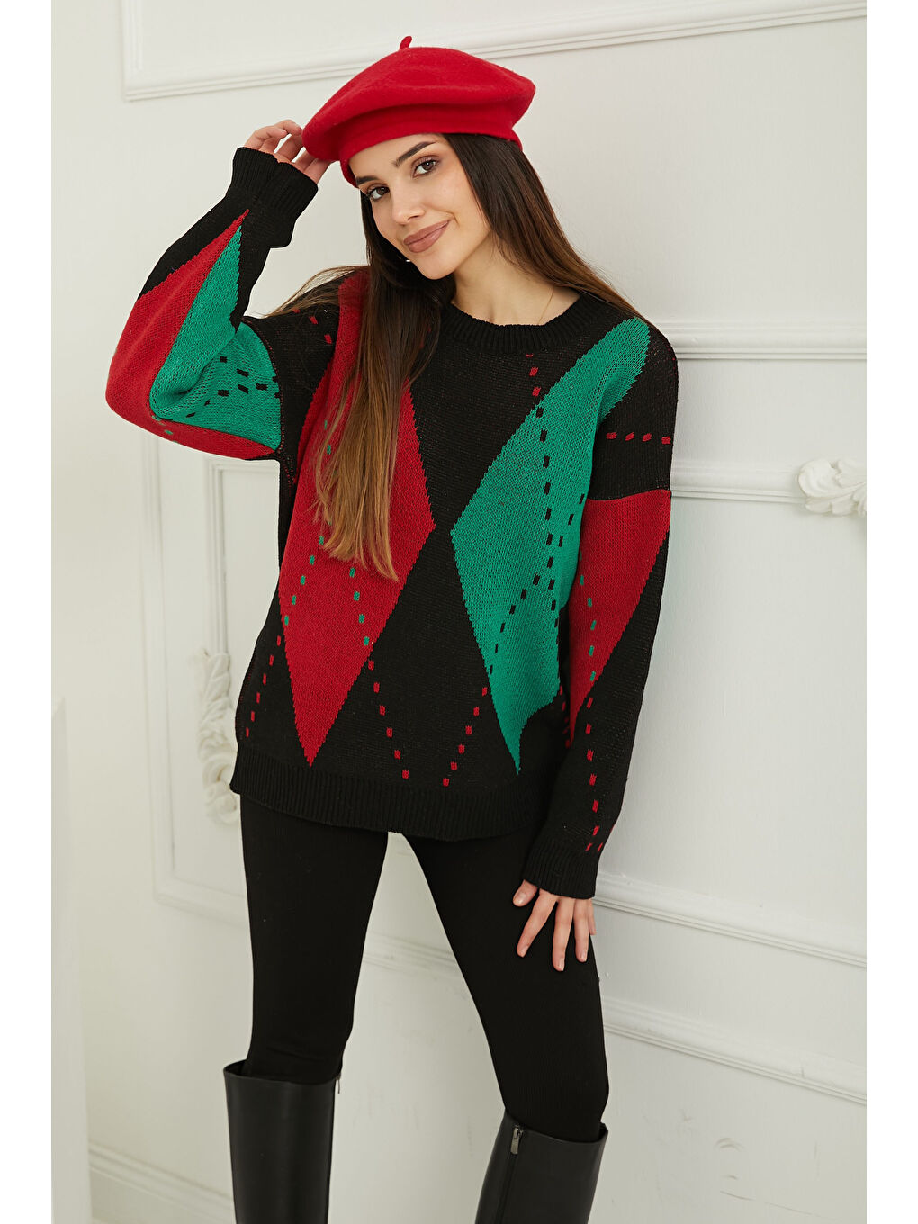 Baklava Desen Triko Kazak Siyah Yeşil - 27671-3