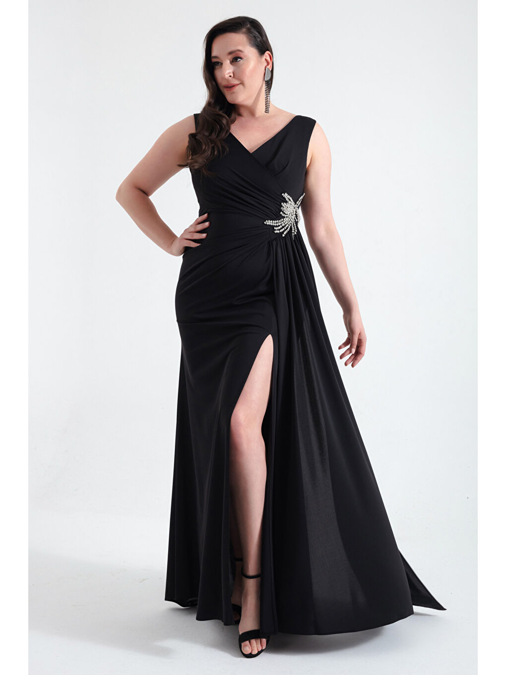 Kadın Siyah Kruvaze Yaka Taşlı Büyük Beden Abiye-2