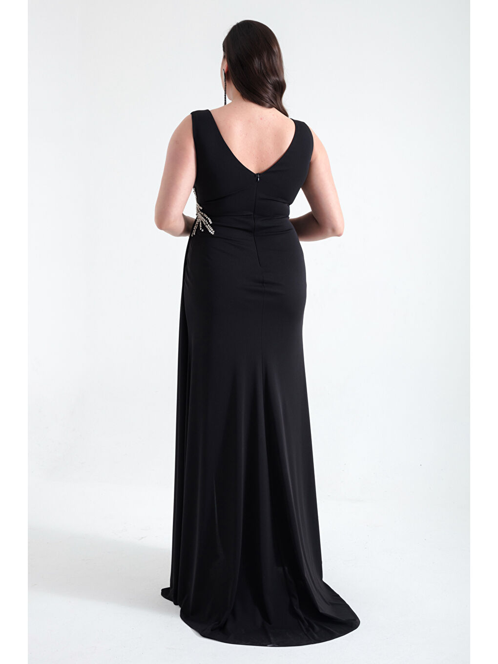 Kadın Siyah Kruvaze Yaka Taşlı Büyük Beden Abiye-4