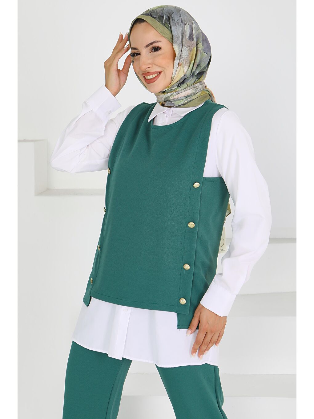 Yeşil Düğmeli Süveter Pantolon Mira Takım Zumrut - 27613-2