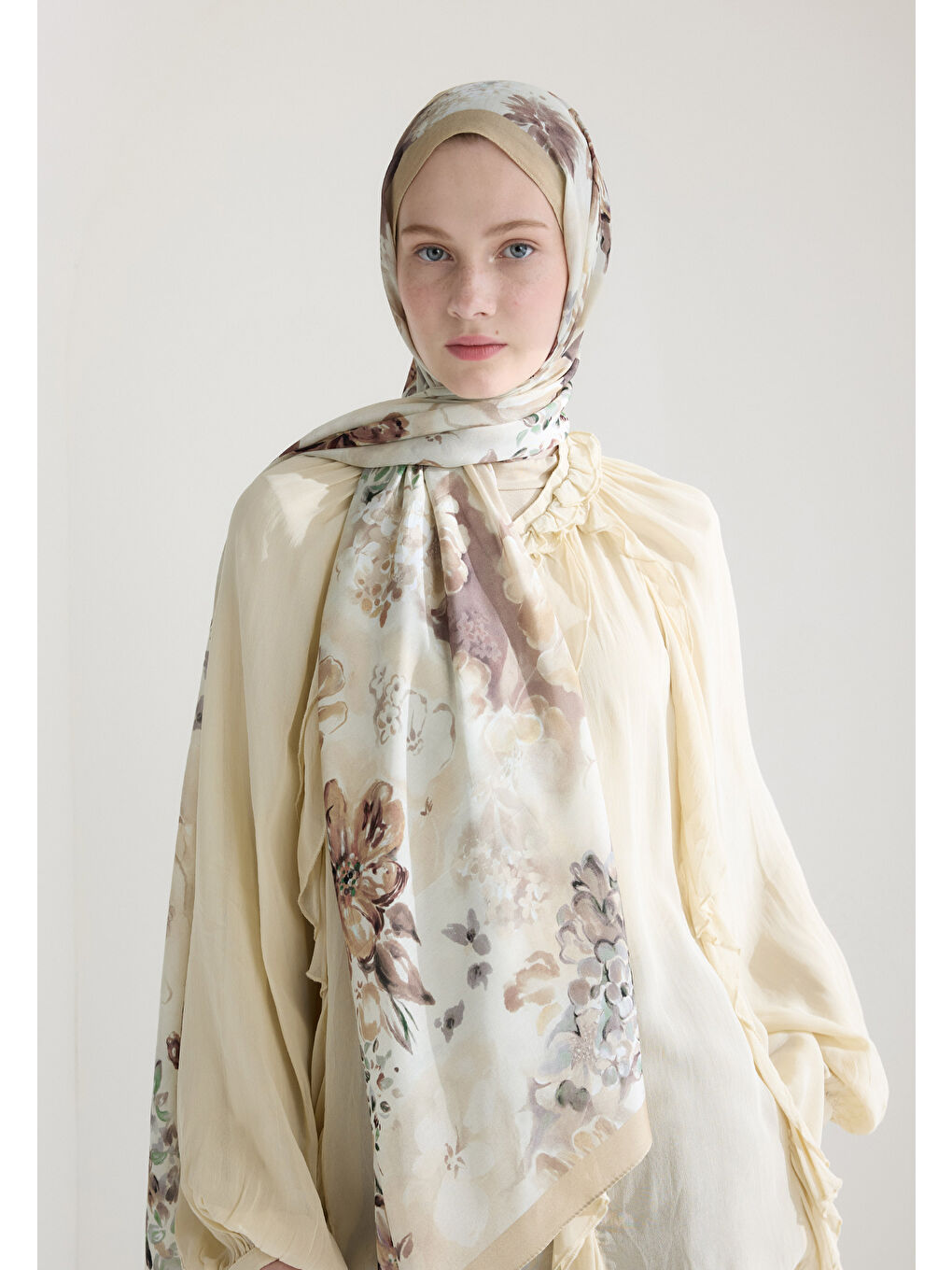 Peony Harmony Floş Viskon Şal Bej-1