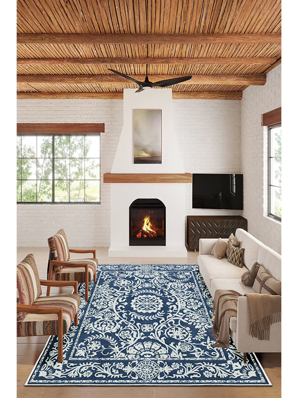 Lacivert Dekoratif Özel Tasarım Yıkanabilir İnce Kaymaz Tabanlı Modern Halı KECE FR23-2