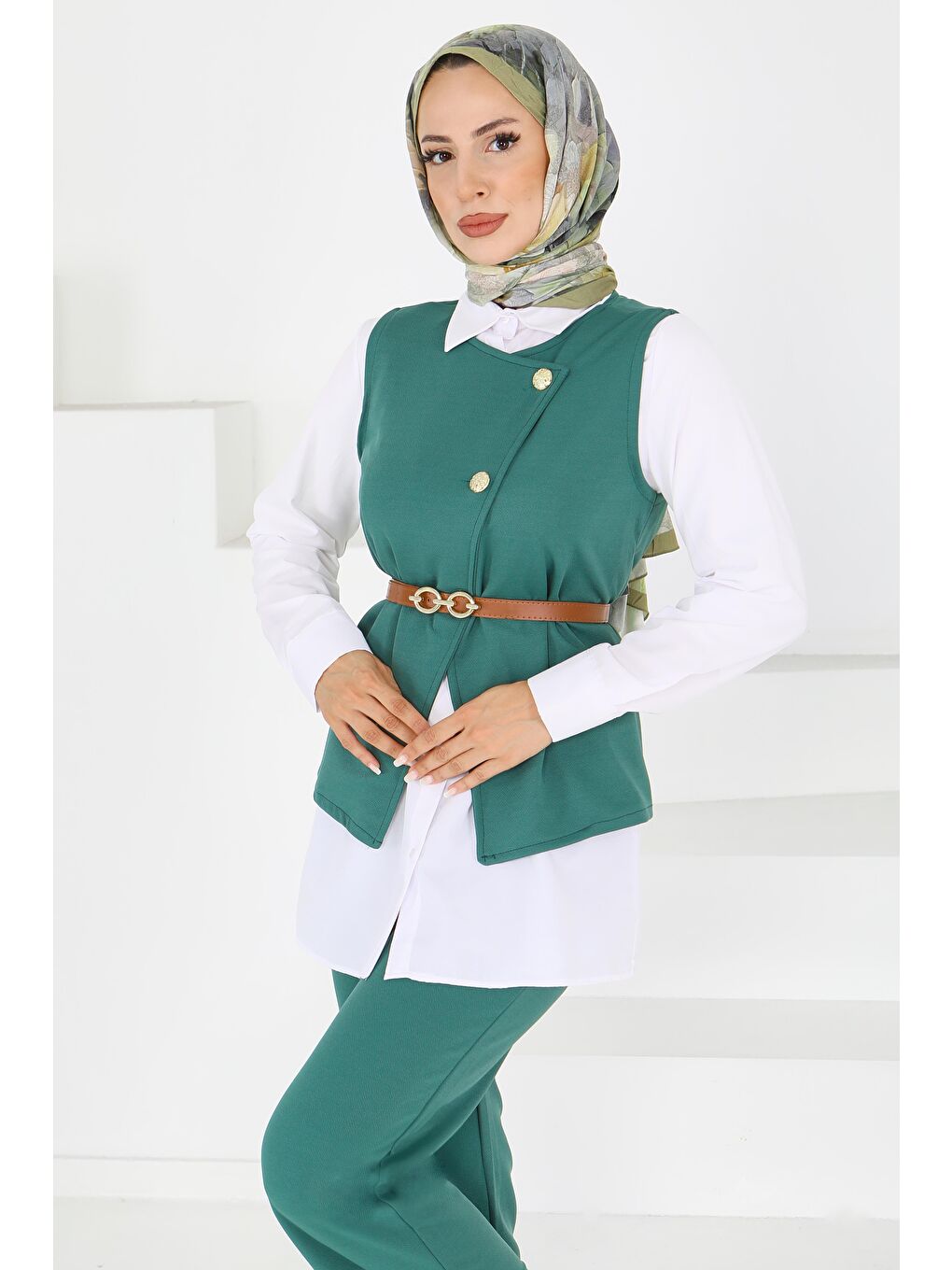 Yeşil Kemerli Yelek Pantolon Mira Takım Zumrut - 27612-1
