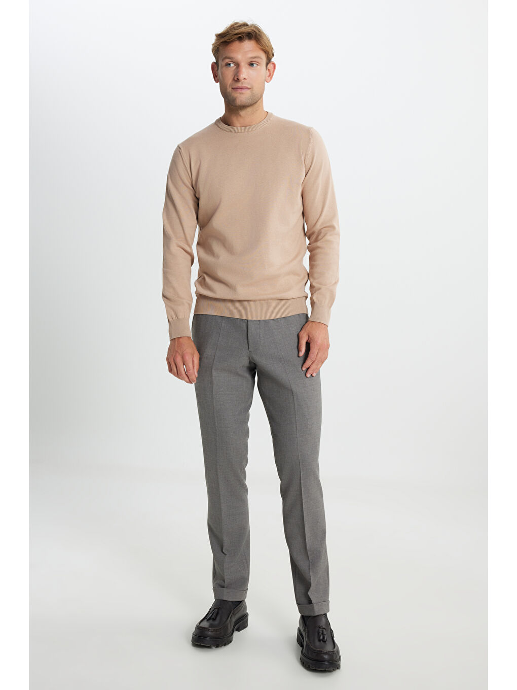 Erkek Bej Pamuklu Standart Fit Normal Kesim Bisiklet Yaka Triko Kazak-4