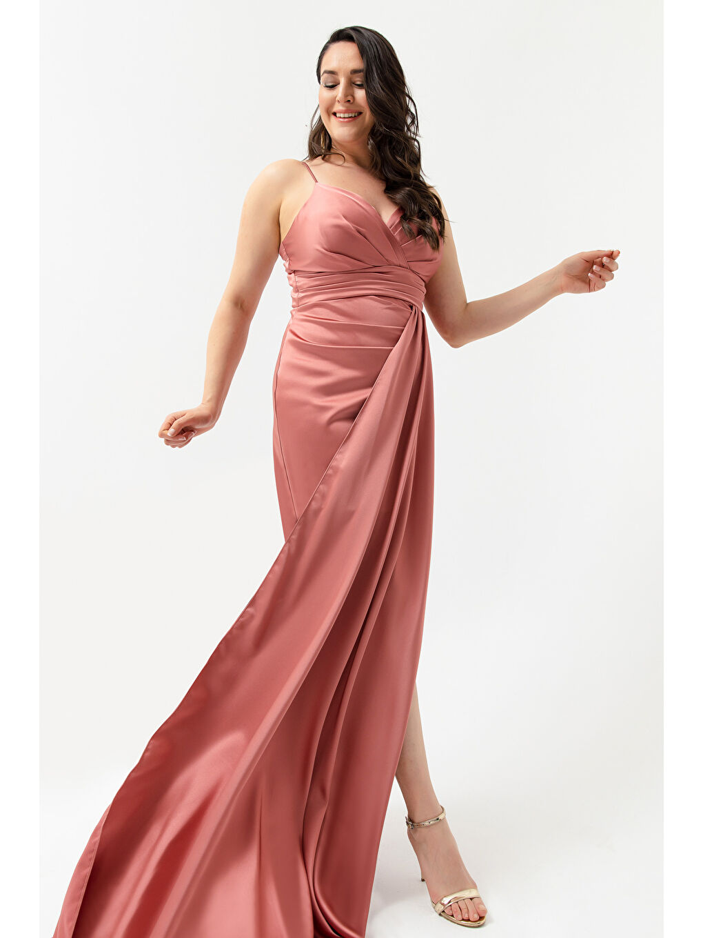 Pembe Kadın Somon Büyük Beden Uzun Saten Abiye Elbise & Mezuniyet Elbisesi-1