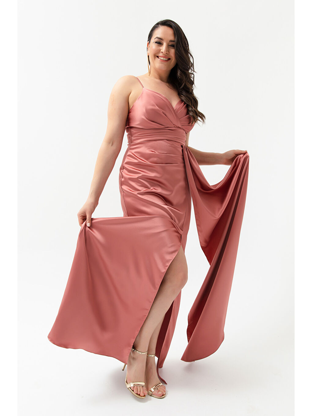 Pembe Kadın Somon Büyük Beden Uzun Saten Abiye Elbise & Mezuniyet Elbisesi-2