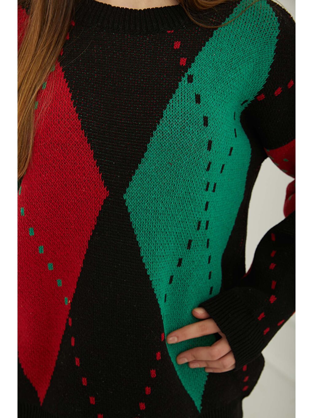 Baklava Desen Triko Kazak Siyah Yeşil - 27671-4