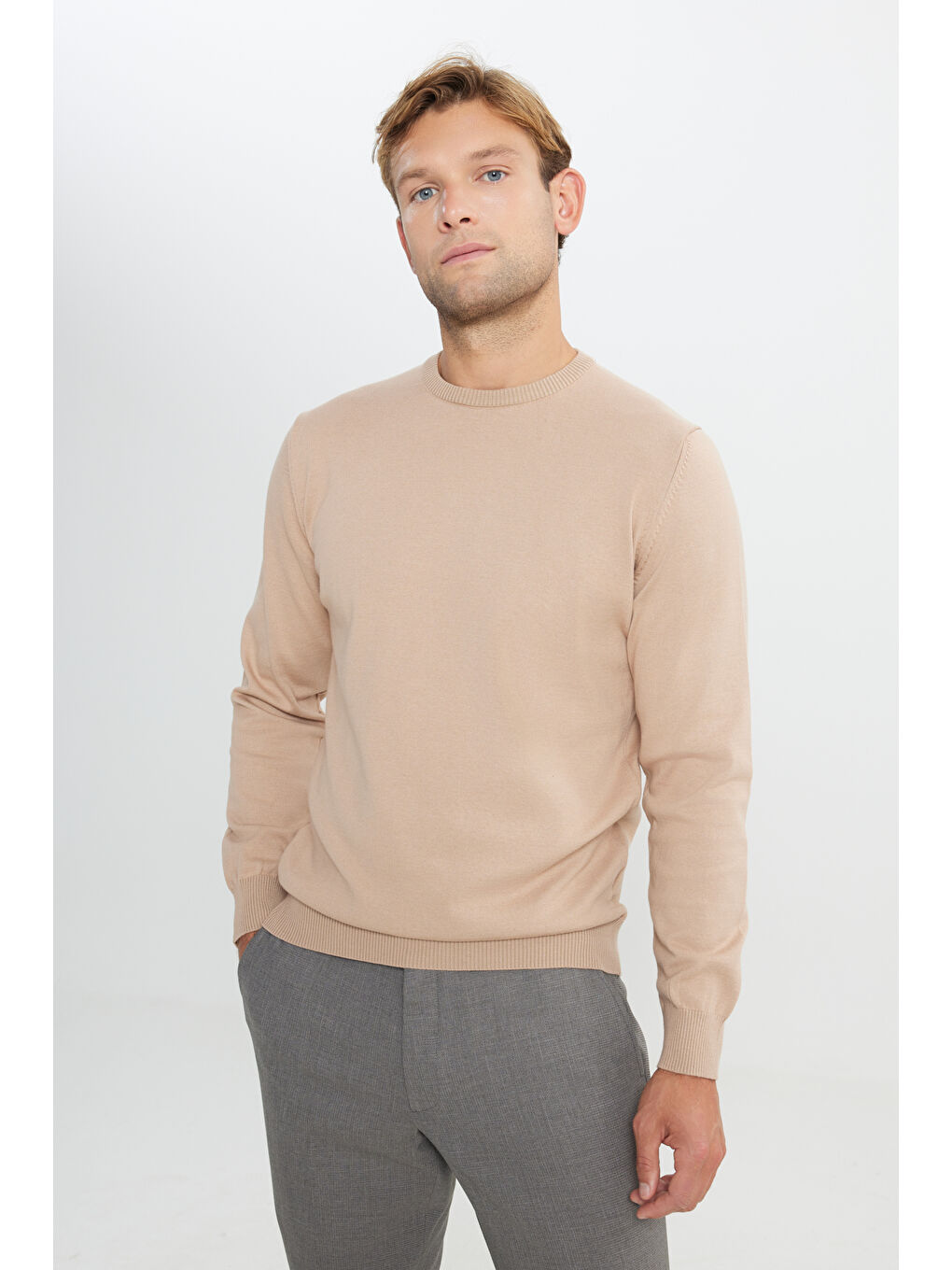 Erkek Bej Pamuklu Standart Fit Normal Kesim Bisiklet Yaka Triko Kazak-3