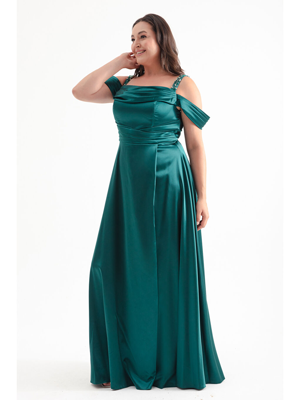 Kadın Zümrüt Yeşili Taş Askılı Drapeli Büyük Beden Uzun Abiye Elbise-2