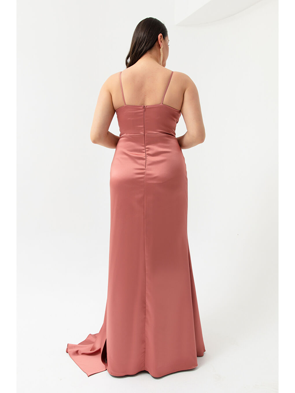 Pembe Kadın Somon Büyük Beden Uzun Saten Abiye Elbise & Mezuniyet Elbisesi-4