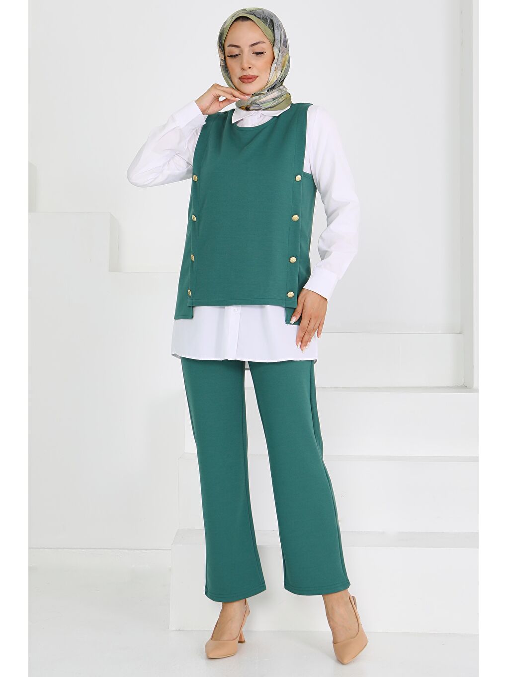Yeşil Düğmeli Süveter Pantolon Mira Takım Zumrut - 27613-3
