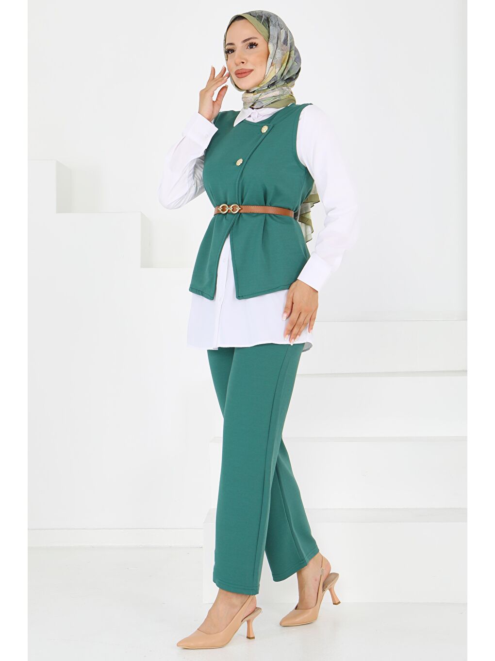 Yeşil Kemerli Yelek Pantolon Mira Takım Zumrut - 27612-2
