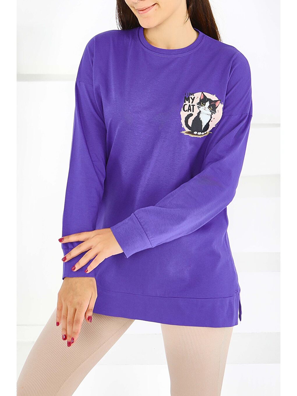 Uzun Kollu Baskılı Süprem Tunik Mor - 27585