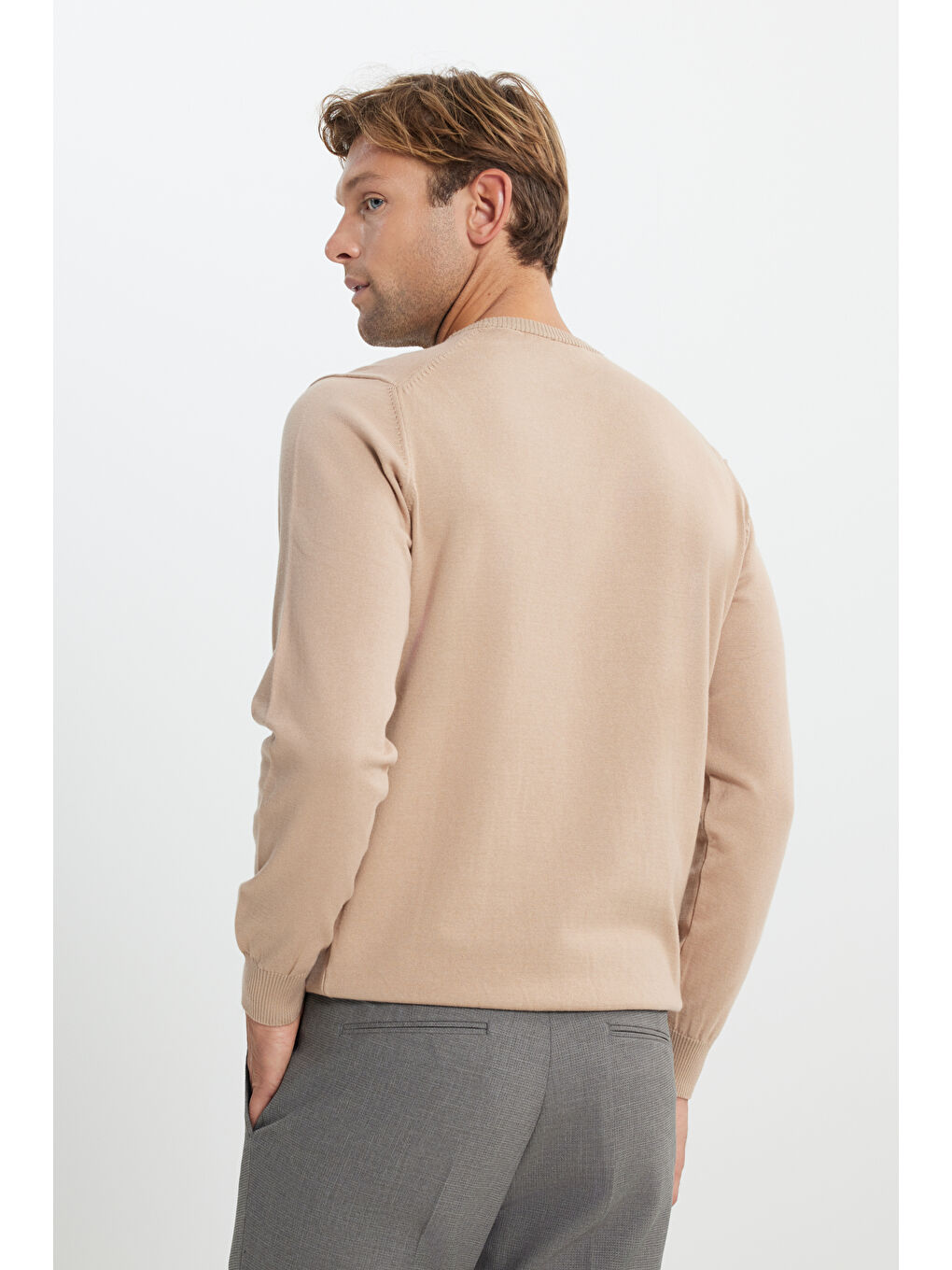 Erkek Bej Pamuklu Standart Fit Normal Kesim Bisiklet Yaka Triko Kazak-1