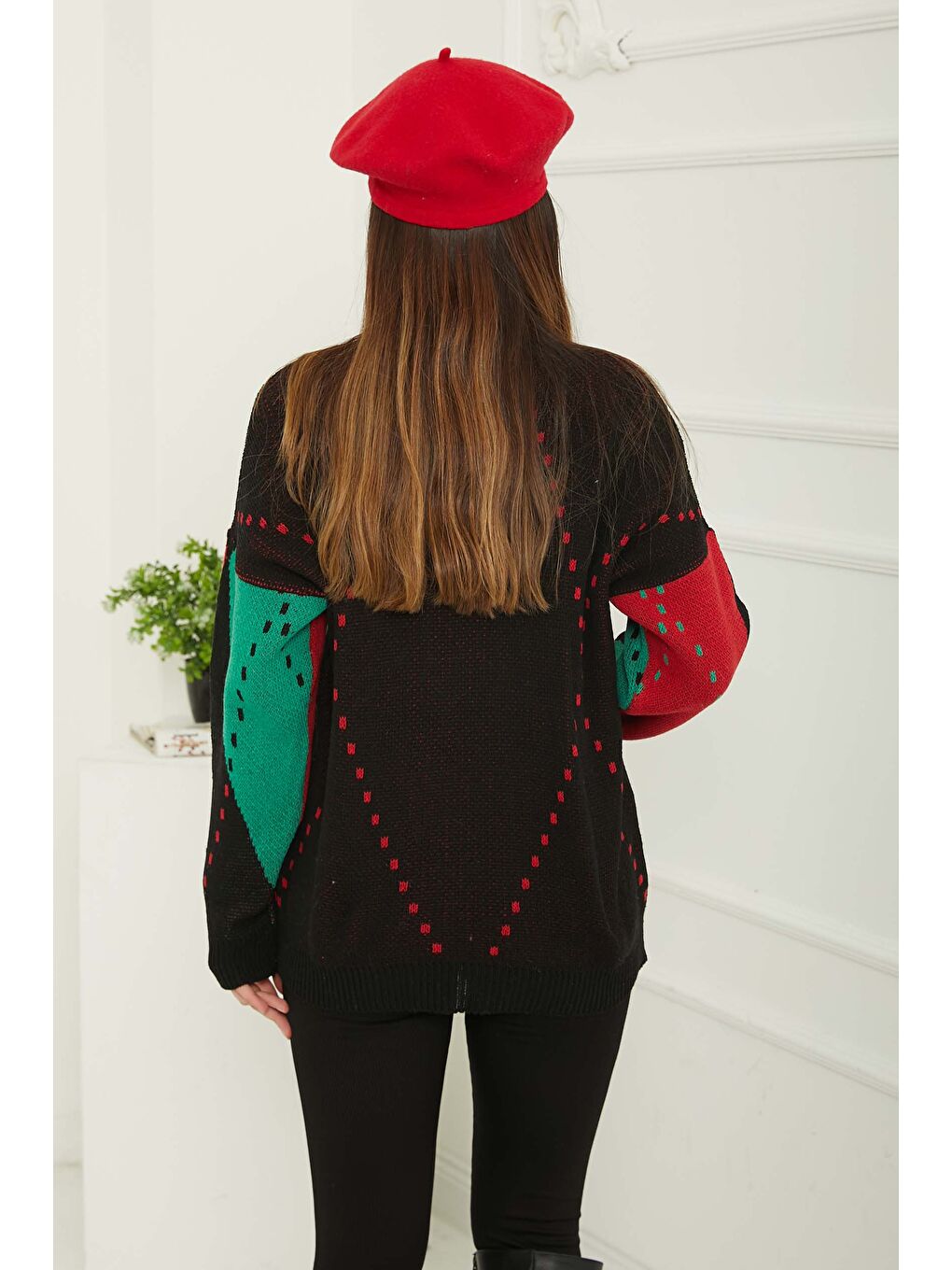 Baklava Desen Triko Kazak Siyah Yeşil - 27671-5